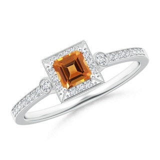 4mm AAA Milgrain-Edged Square Citrine and Diamond Halo Ring in White Gold