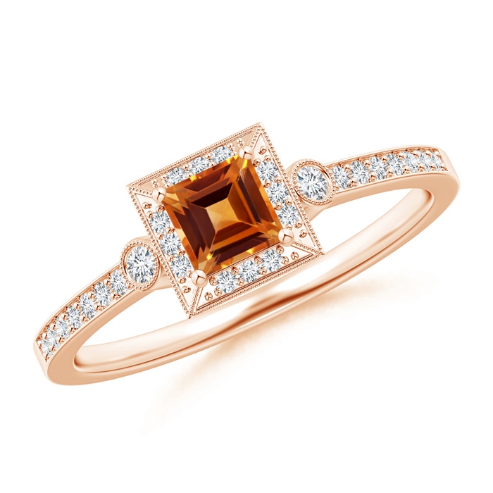 4mm AAAA Milgrain-Edged Square Citrine and Diamond Halo Ring in Rose Gold 