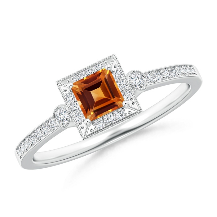 4mm AAAA Milgrain-Edged Square Citrine and Diamond Halo Ring in White Gold