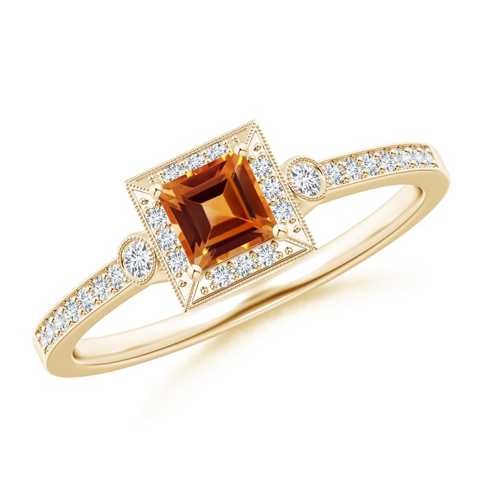 4mm AAAA Milgrain-Edged Square Citrine and Diamond Halo Ring in Yellow Gold
