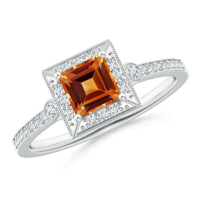 5mm AAAA Milgrain-Edged Square Citrine and Diamond Halo Ring in White Gold