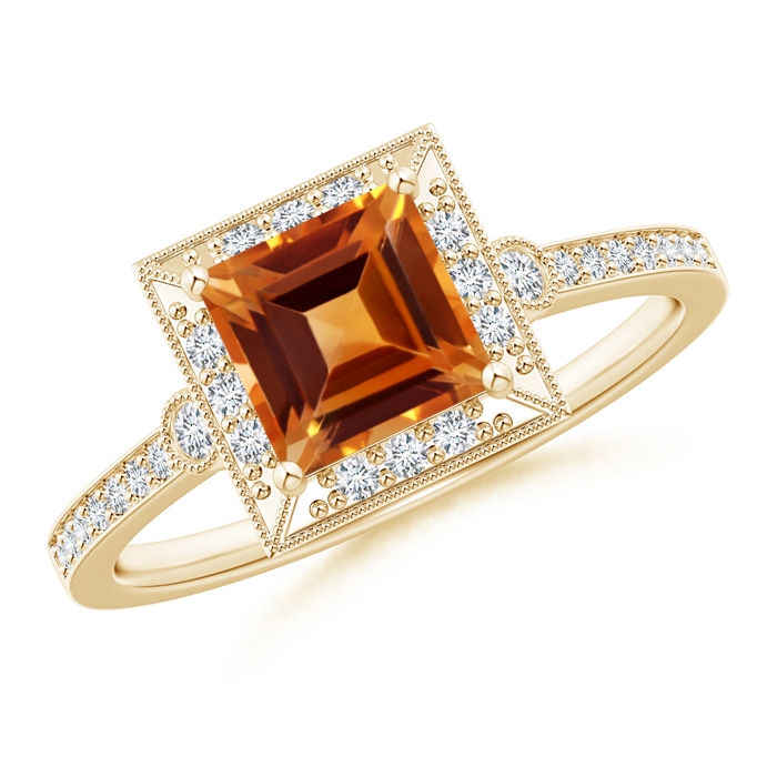 6mm AAAA Milgrain-Edged Square Citrine and Diamond Halo Ring in Yellow Gold