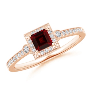 4mm AAA Milgrain-Edged Square Garnet and Diamond Halo Ring in Rose Gold