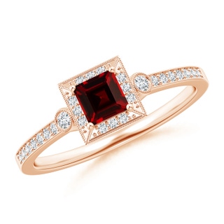 4mm AAAA Milgrain-Edged Square Garnet and Diamond Halo Ring in 9K Rose Gold