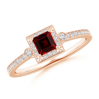 4mm AAAA Milgrain-Edged Square Garnet and Diamond Halo Ring in Rose Gold