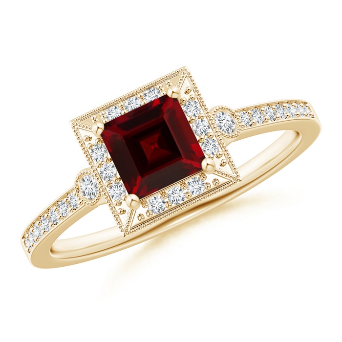 5mm AAA Milgrain-Edged Square Garnet and Diamond Halo Ring in Yellow Gold