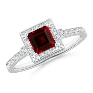 5mm AAAA Milgrain-Edged Square Garnet and Diamond Halo Ring in White Gold