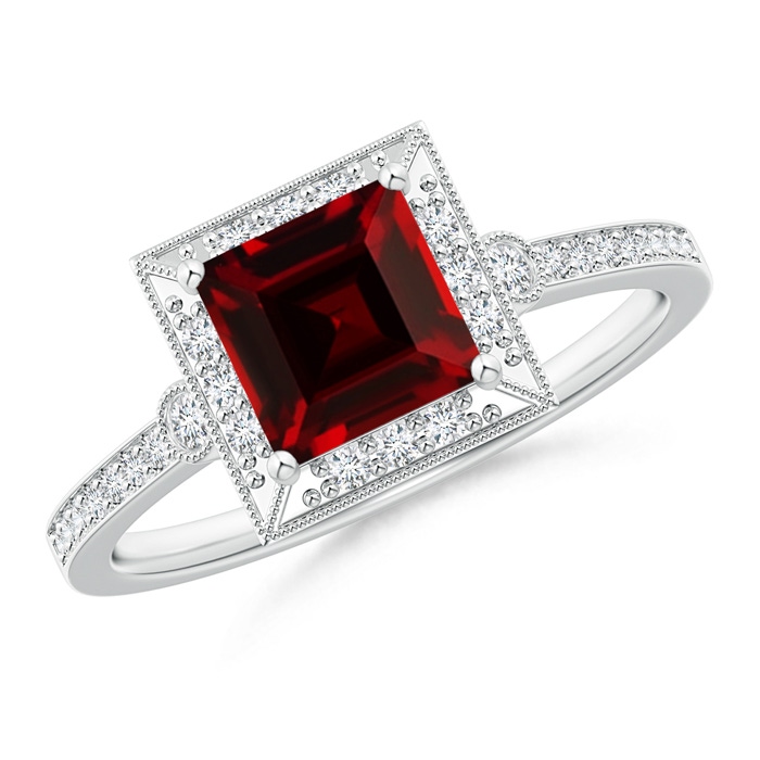 6mm AAAA Milgrain-Edged Square Garnet and Diamond Halo Ring in White Gold