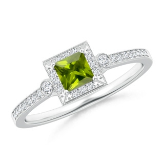 4mm AAA Milgrain-Edged Square Peridot and Diamond Halo Ring in White Gold