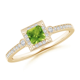 4mm AAAA Milgrain-Edged Square Peridot and Diamond Halo Ring in Yellow Gold