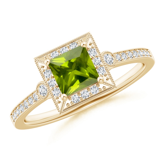 5mm AAA Milgrain-Edged Square Peridot and Diamond Halo Ring in Yellow Gold