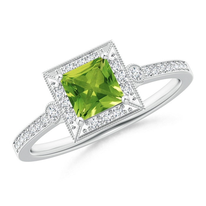 5mm AAAA Milgrain-Edged Square Peridot and Diamond Halo Ring in White Gold