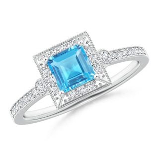 5mm AAA Milgrain-Edged Square Swiss Blue Topaz and Diamond Halo Ring in White Gold