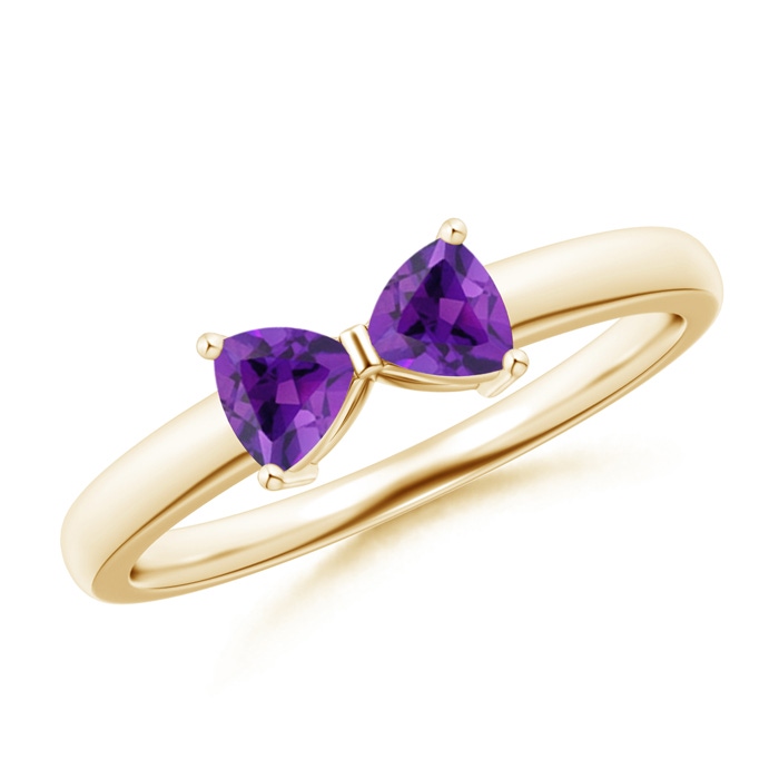 4mm AAA Two Stone Trillion Amethyst Bow Tie Ring in Yellow Gold