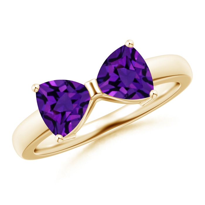 6mm AAAA Two Stone Trillion Amethyst Bow Tie Ring in Yellow Gold