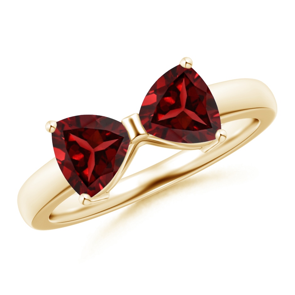 6mm AAAA Two Stone Trillion Garnet Bow Tie Ring in Yellow Gold 