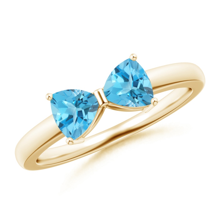 5mm AAA Two Stone Trillion Swiss Blue Topaz Bow Tie Ring in Yellow Gold