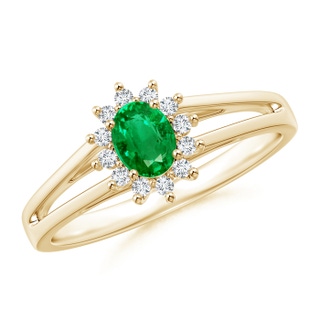 5x4mm AAA Princess Diana Inspired Emerald Halo Split Shank Ring in 9K Yellow Gold