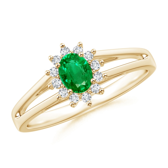5x4mm AAA Princess Diana Inspired Emerald Halo Split Shank Ring in Yellow Gold