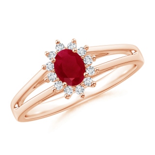 5x4mm AA Princess Diana Inspired Ruby Halo Split Shank Ring in Rose Gold