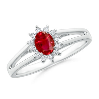 5x4mm AAA Princess Diana Inspired Ruby Halo Split Shank Ring in White Gold