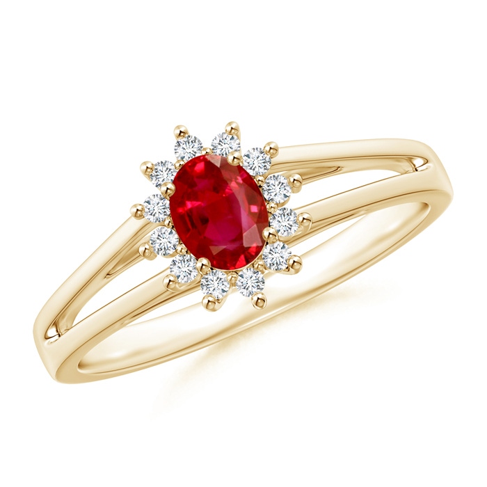 5x4mm AAA Princess Diana Inspired Ruby Halo Split Shank Ring in Yellow Gold 