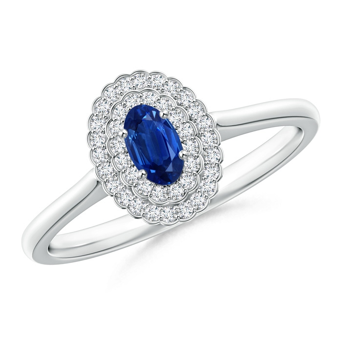 5x3mm AAA Vintage Style Sapphire Scalloped Ring with Double Halo in White Gold 