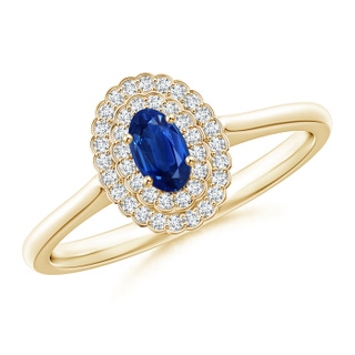 5x3mm AAA Vintage Style Sapphire Scalloped Ring with Double Halo in Yellow Gold