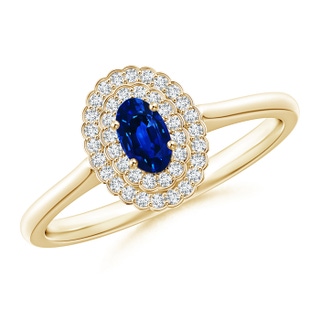5x3mm AAAA Vintage Style Sapphire Scalloped Ring with Double Halo in Yellow Gold