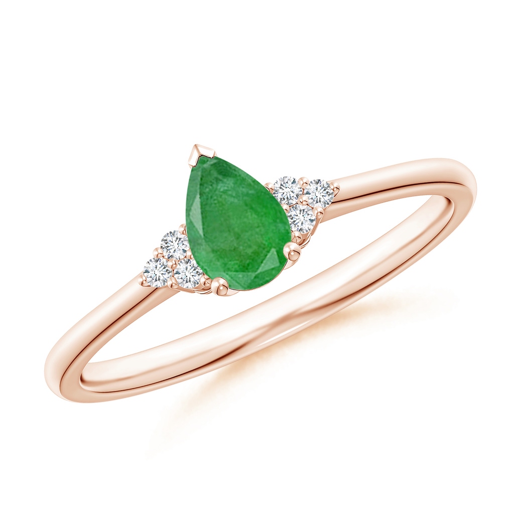 6x4mm A Pear Emerald Solitaire Ring with Trio Diamond Accents in 10K Rose Gold