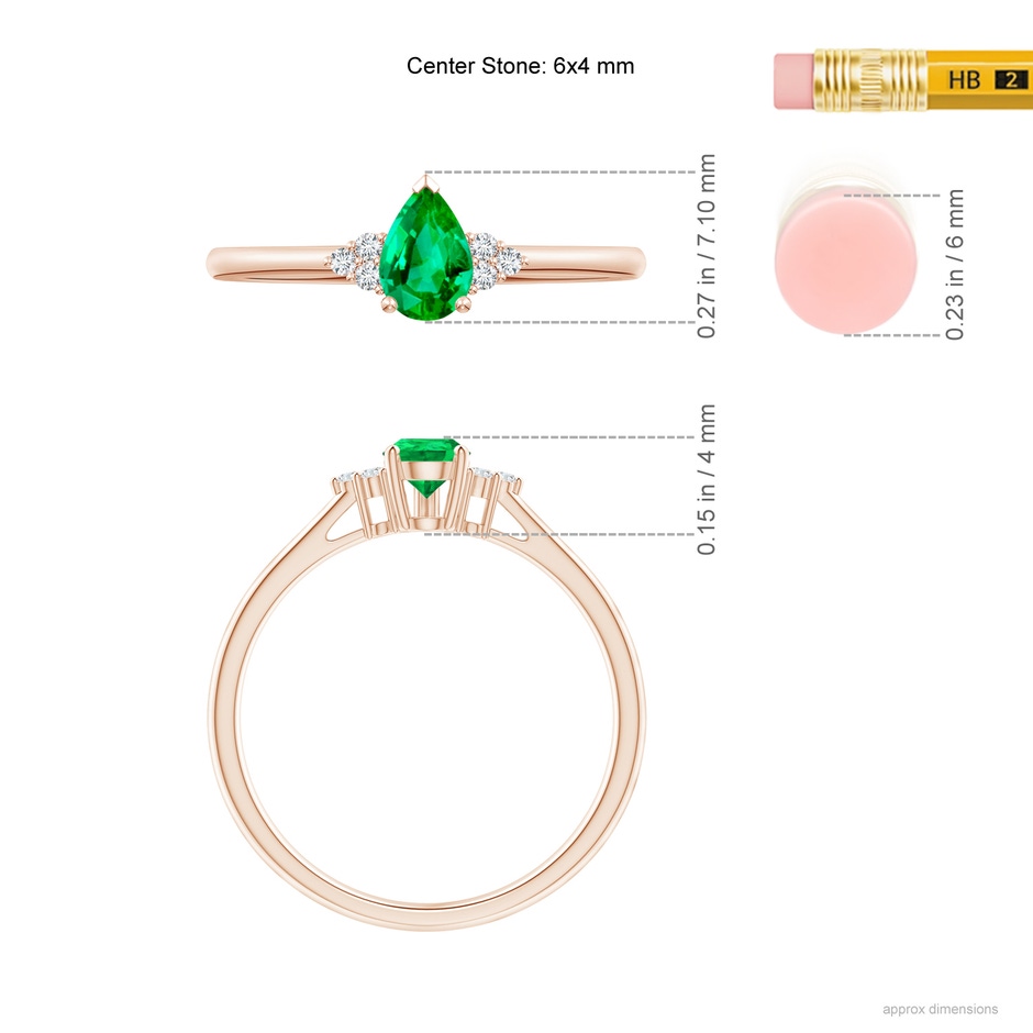 6x4mm AAA Pear Emerald Solitaire Ring with Trio Diamond Accents in 9K Rose Gold ruler