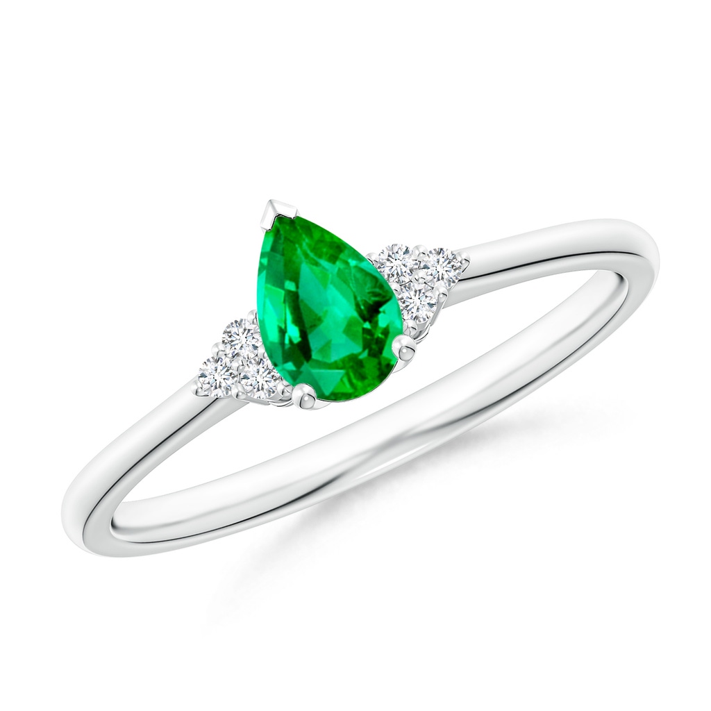 6x4mm AAA Pear Emerald Solitaire Ring with Trio Diamond Accents in 9K White Gold