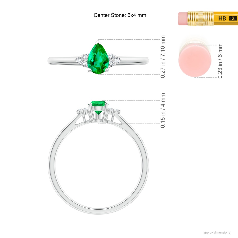 6x4mm AAA Pear Emerald Solitaire Ring with Trio Diamond Accents in 9K White Gold ruler