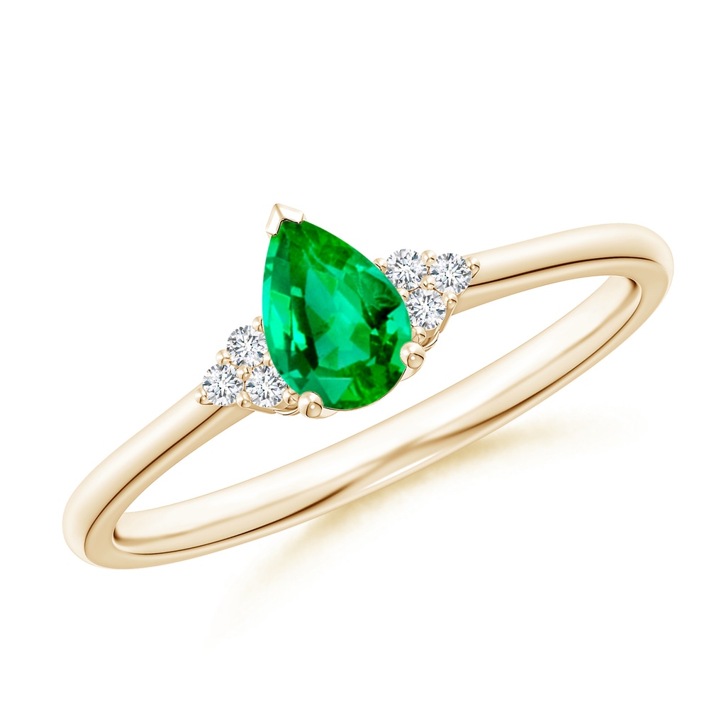 6x4mm AAA Pear Emerald Solitaire Ring with Trio Diamond Accents in Yellow Gold