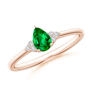 6x4mm AAAA Pear Emerald Solitaire Ring with Trio Diamond Accents in 10K Rose Gold