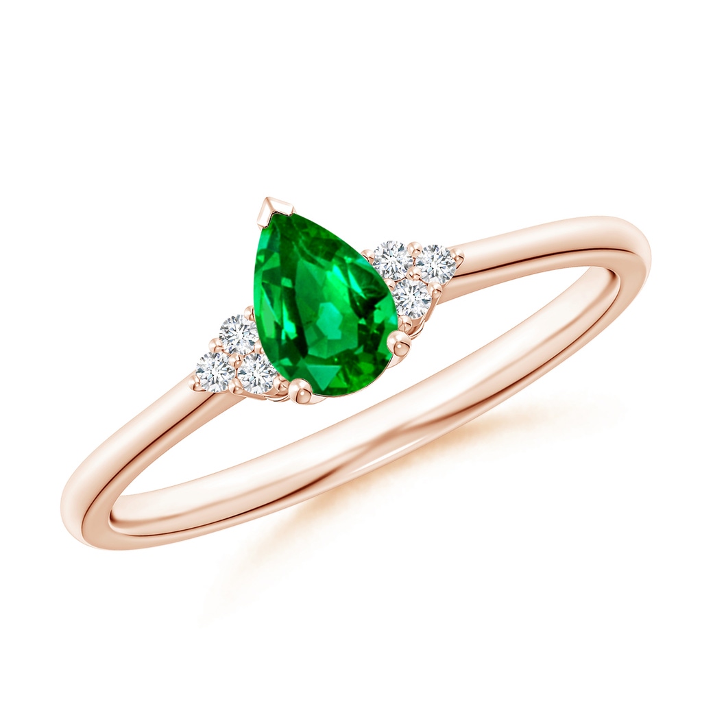 6x4mm Lab-Grown Pear Emerald Solitaire Ring with Trio Diamond Accents in Rose Gold