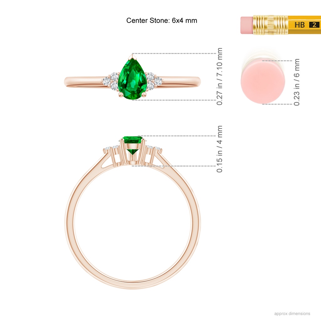 6x4mm AAAA Pear Emerald Solitaire Ring with Trio Diamond Accents in Rose Gold Ruler