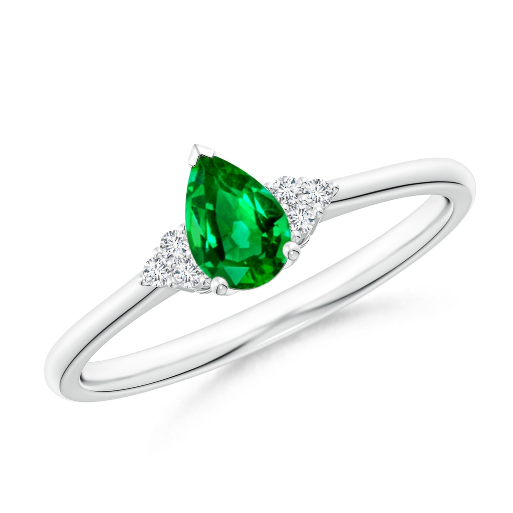 6x4mm AAAA Pear Emerald Solitaire Ring with Trio Diamond Accents in White Gold 