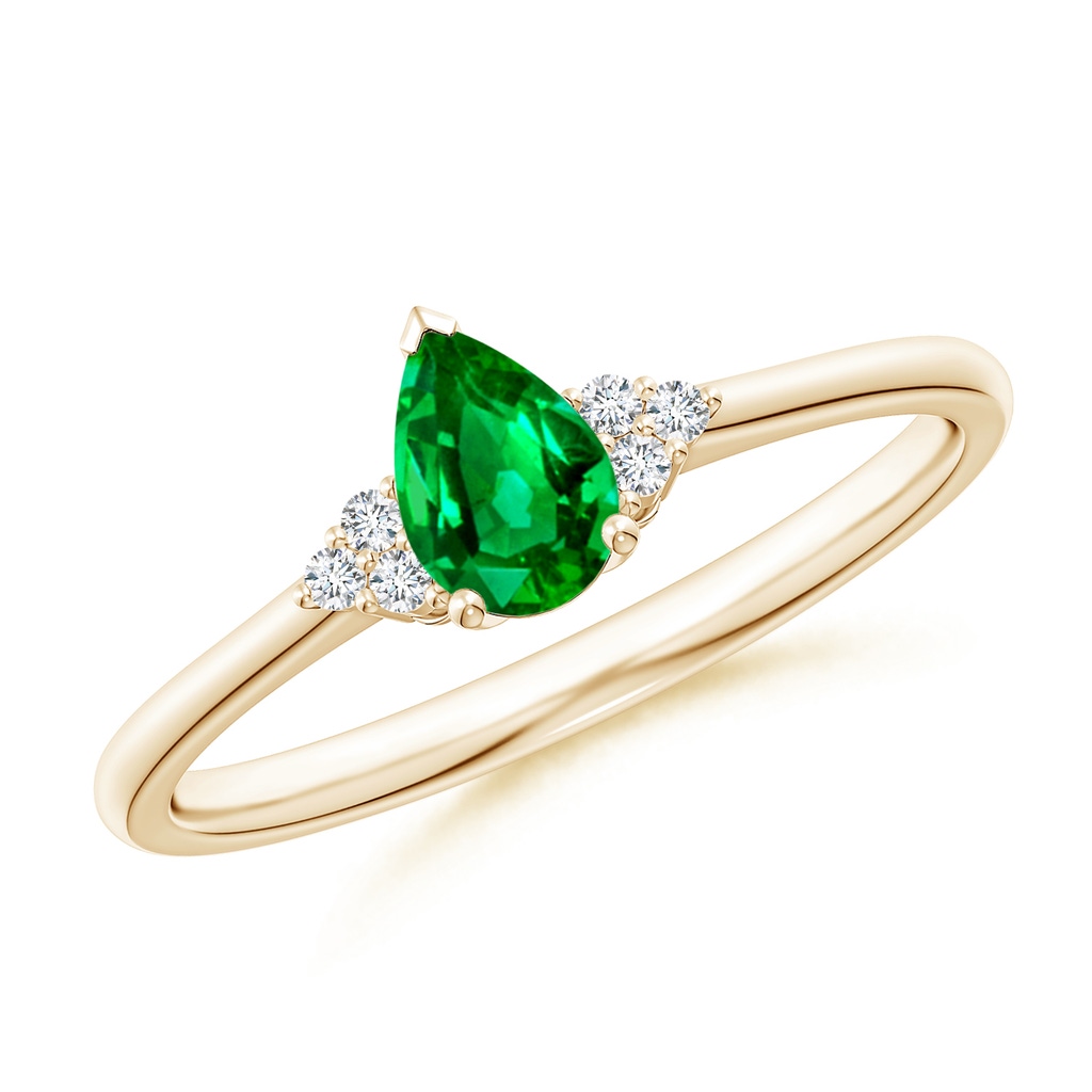 6x4mm AAAA Pear Emerald Solitaire Ring with Trio Diamond Accents in Yellow Gold