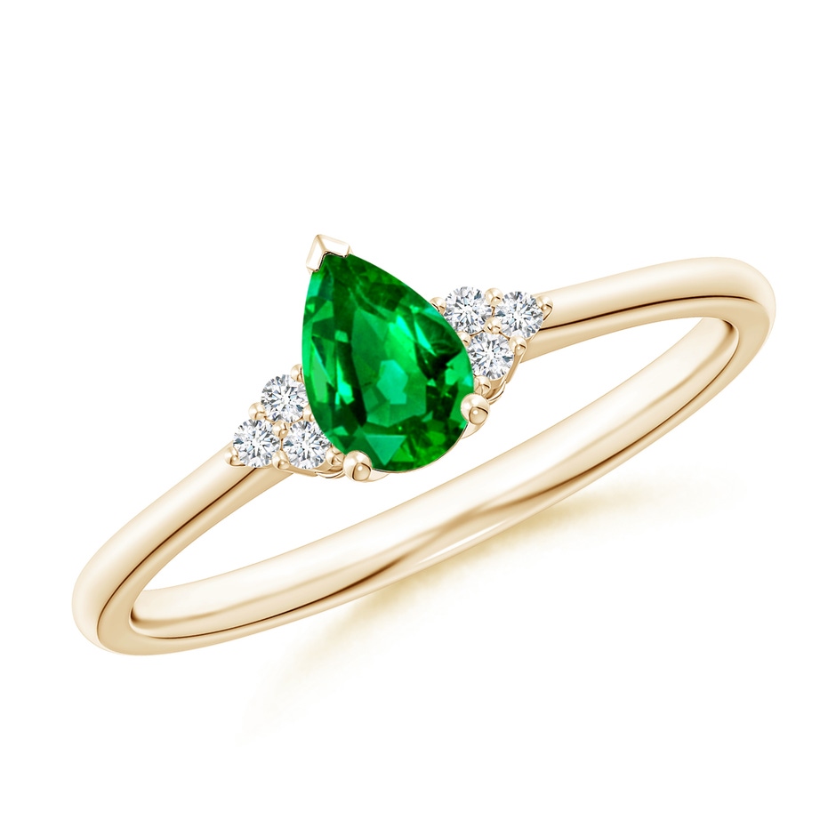 6x4mm AAAA Pear Emerald Solitaire Ring with Trio Diamond Accents in Yellow Gold 