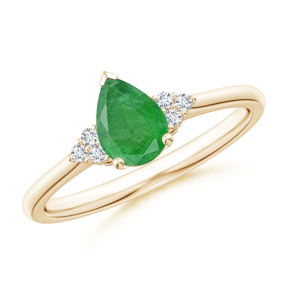 7x5mm A Pear Emerald Solitaire Ring with Trio Diamond Accents in 9K Yellow Gold 