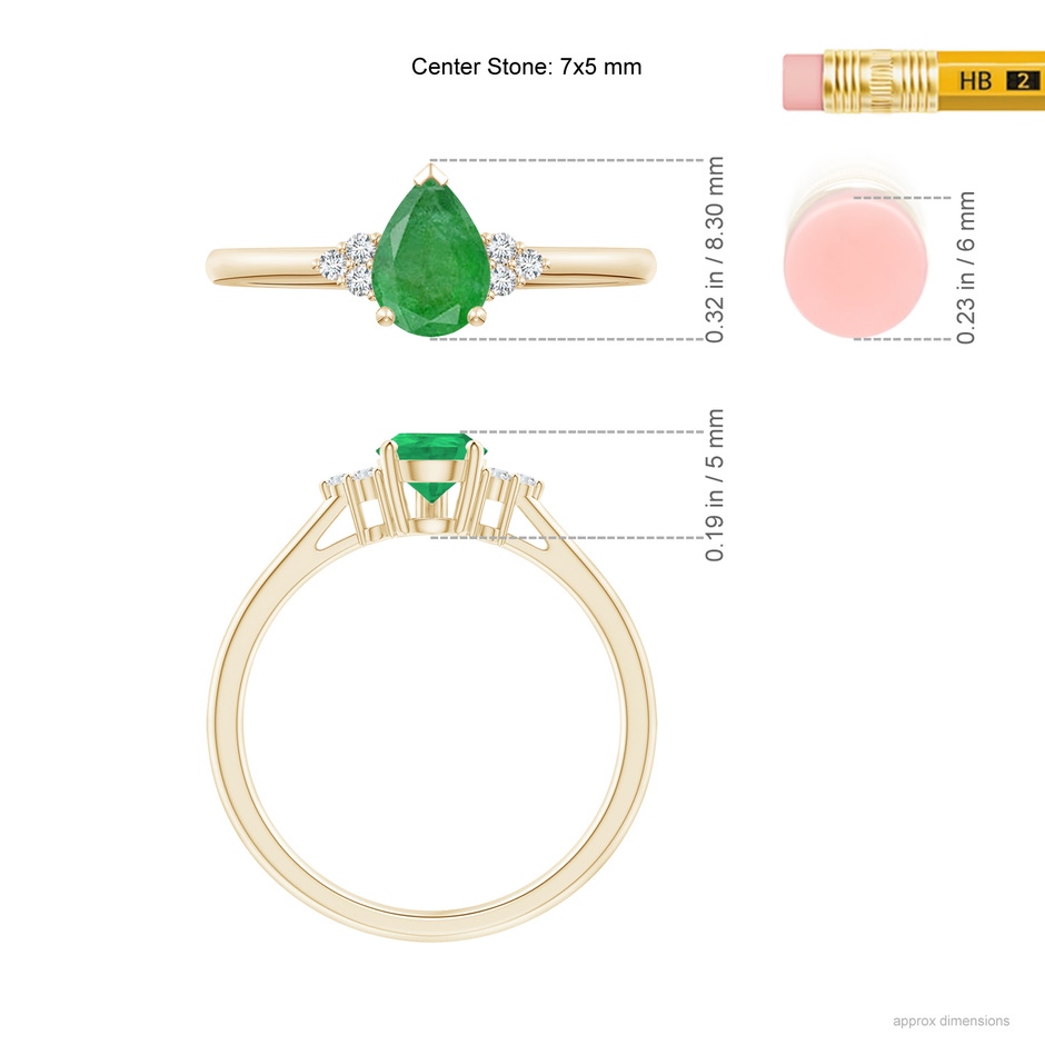 7x5mm A Pear Emerald Solitaire Ring with Trio Diamond Accents in 9K Yellow Gold ruler