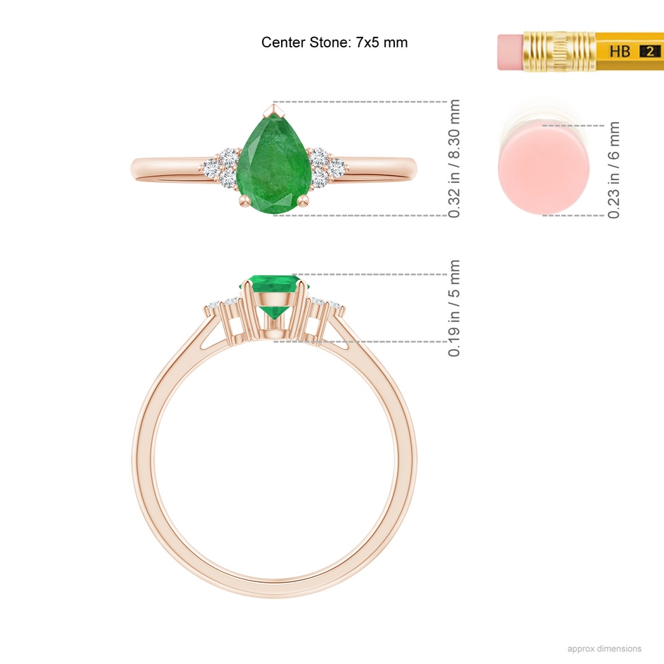 7x5mm A Pear Emerald Solitaire Ring with Trio Diamond Accents in Rose Gold ruler
