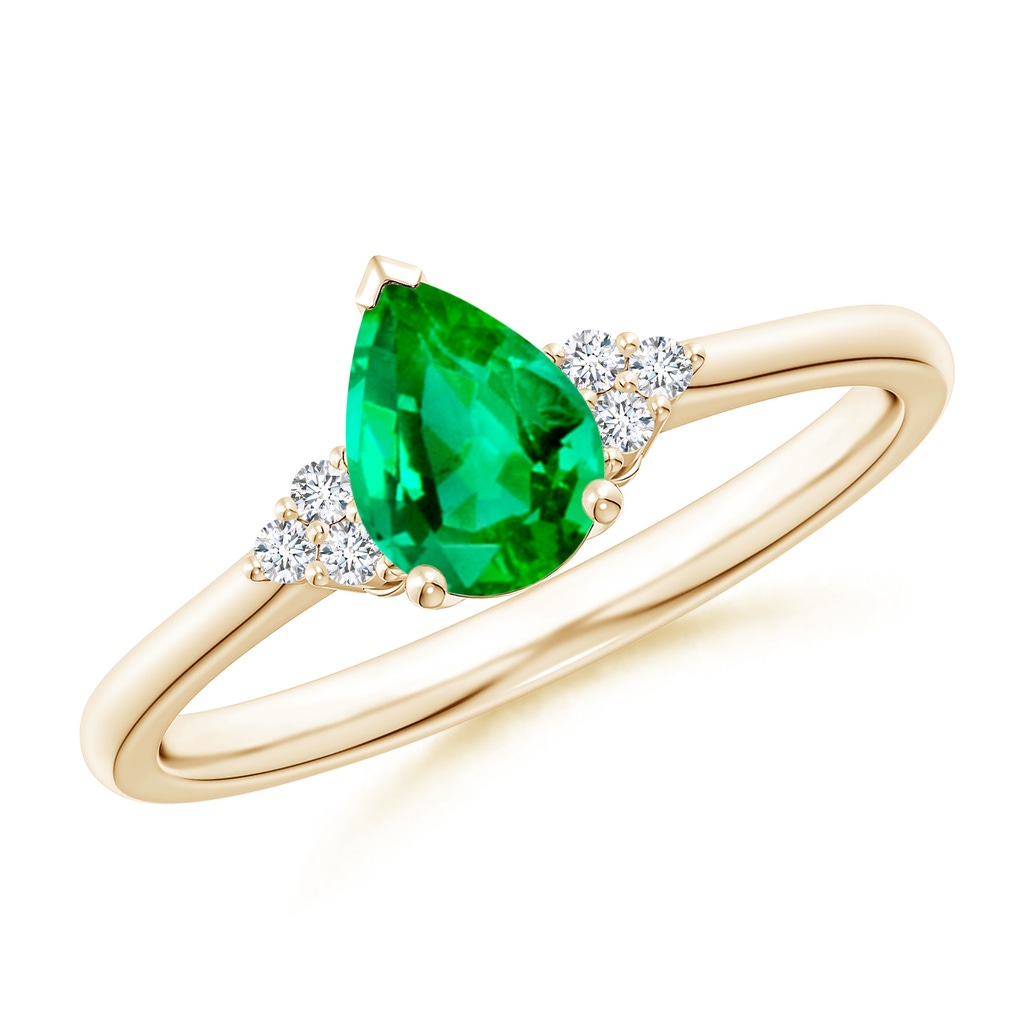7x5mm AAA Pear Emerald Solitaire Ring with Trio Diamond Accents in Yellow Gold