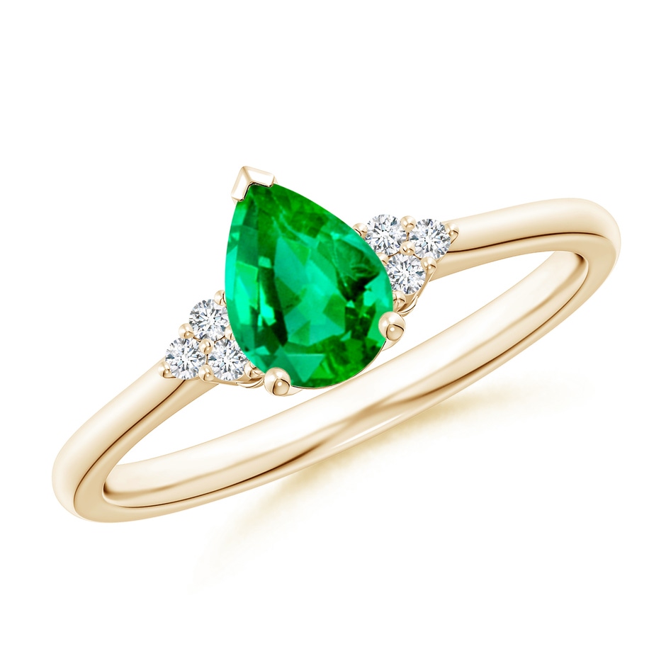 7x5mm AAA Pear Emerald Solitaire Ring with Trio Diamond Accents in Yellow Gold 