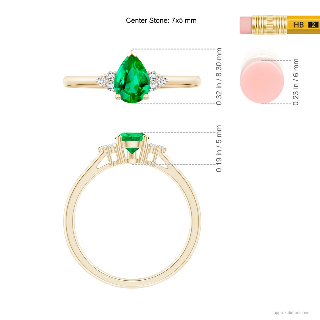 7x5mm AAA Pear Emerald Solitaire Ring with Trio Diamond Accents in Yellow Gold Ruler