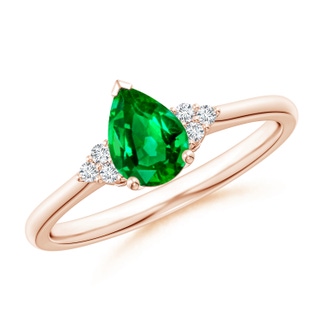 7x5mm AAAA Pear Emerald Solitaire Ring with Trio Diamond Accents in 9K Rose Gold