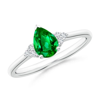 7x5mm AAAA Pear Emerald Solitaire Ring with Trio Diamond Accents in P950 Platinum