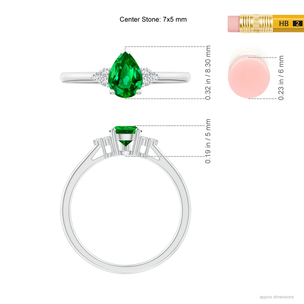 7x5mm AAAA Pear Emerald Solitaire Ring with Trio Diamond Accents in P950 Platinum Ruler