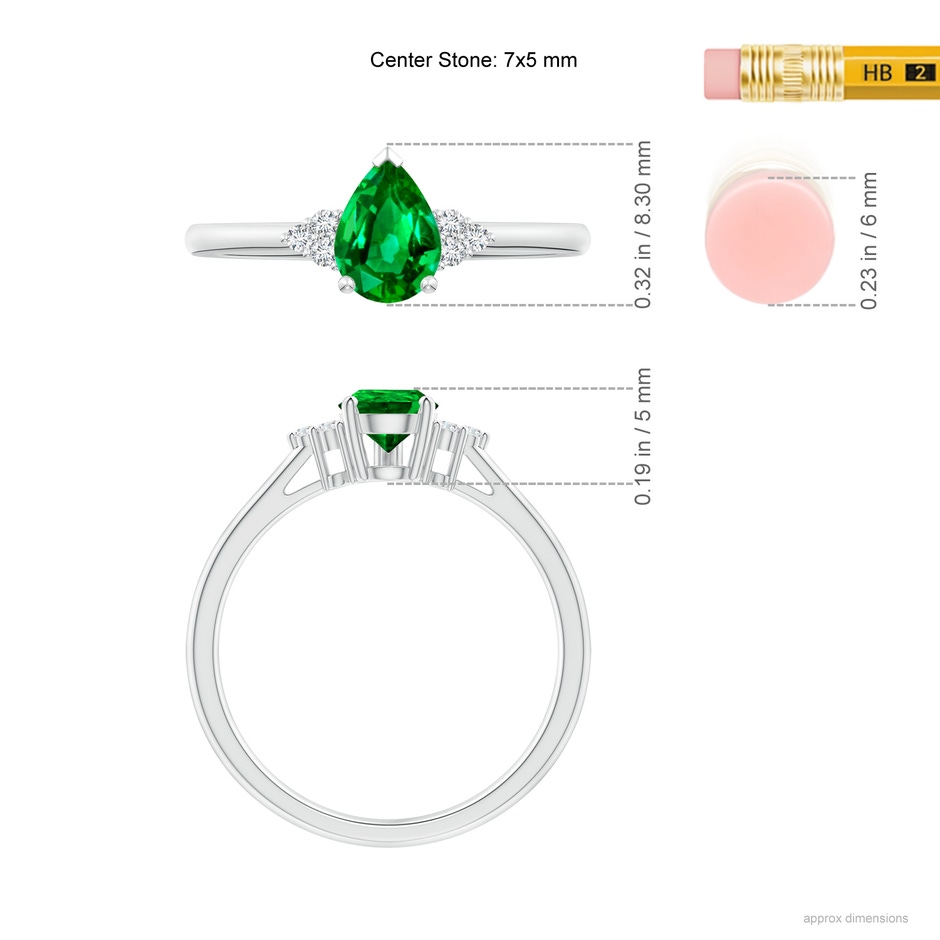 7x5mm AAAA Pear Emerald Solitaire Ring with Trio Diamond Accents in P950 Platinum ruler